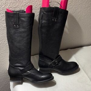 Frye Black Leather Mid-Calf Harness Boots